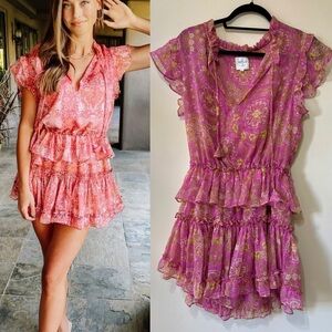 MISA Lilian Dress Pink Floral Crinkled Chiffon Tiered Ruffle Skirt V Neck Med